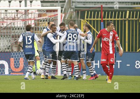 Filip Djordjevic of Chievo Verona celebrates with team-mates after scoring the his goal during the Serie B match between AC Monza and Chievo Verona at Stadio Brianteo on October 24, 2020 in Monza, Italy (Photo by Giuseppe Cottini/NurPhoto) Stock Photo