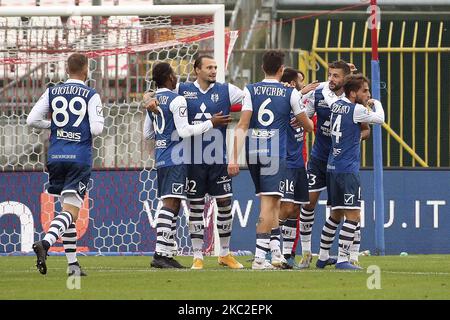 Filip Djordjevic of Chievo Verona celebrates with team-mates after scoring the his goal during the Serie B match between AC Monza and Chievo Verona at Stadio Brianteo on October 24, 2020 in Monza, Italy (Photo by Giuseppe Cottini/NurPhoto) Stock Photo