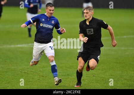 Oldham Athletic's Zak Dearnley and Port Vale's Nathan Smith in action during the Sky Bet League 2 match between Oldham Athletic and Port Vale at Boundary Park, Oldham on Saturday 24th October 2020. (Photo by Eddie Garvey/MI News/NurPhoto) Stock Photo