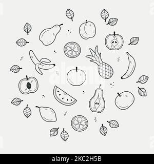 Hand drawing set of fruits in doodle sketch style. Apple, pear, peach, pineapple, apricot, watermelon, lemon, orange, banana. Vector illustration.  Stock Vector