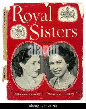 Original well-worn, Illustrated dust jacket from hardcover, souvenir guidebook that commemorated H.R.H Princess Margaret and Elizabeth entitled 'Royal Sisters' Volume One 1926 - 1949 by Catherine Birt, published by Pitkin, 1953, London, U.K. Stock Photo