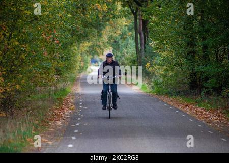 An old man cycling in the forest his bicycle. Autumn season in the forest with orange, red and brown leaves from the trees and saturated fall nature colors in Stramproy area in the province of Limburg in the Netherlands, near the Belgian borders on October 24, 2020. (Photo by Nicolas Economou/NurPhoto) Stock Photo