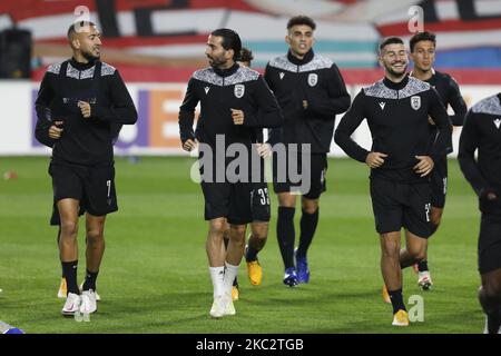 Omar El Kaddouri, Jose Angel Crespo and Antonio COlak during the PAOK FC training session in the Nuevo Los Carmenes stadium of Granada before the UEFA Europa League match against Granada CF on October 28, 2020. (Photo by Álex Cámara/NurPhoto) Stock Photo