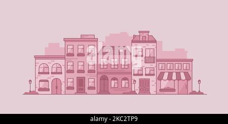 Cityscape with townhouses, lanterns and bushes. Town street with building facades. Vector illustration in linear style. Stock Vector