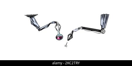 Robot arms. Manufacturing automation technology for Car factory emblem. Manufacturing tech machines. Modern Automatic industry. Engraved hand drawn Stock Vector