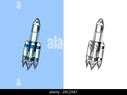 Rocket launching to the sky. Space shuttle takes off. Astronomical astronaut exploration. Engraved hand drawn in old sketch, vintage style for label Stock Vector
