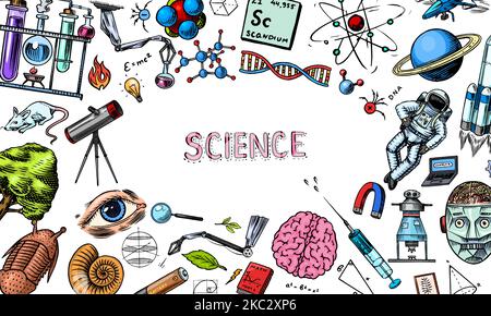 Science banner. Engraved hand drawn in old sketch and vintage style. Astronaut and rocket. Scientific formulas and calculations in physics and Stock Vector