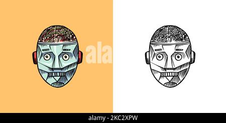 Cyborg robot. Vintage metal head sketch. Artificial intelligence. Engraving vector illustration. Line icon. Scratch board in old style. Stock Vector
