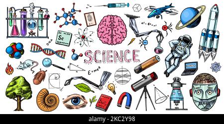 Science banner. Engraved hand drawn in old sketch and vintage style. Astronaut and rocket. Scientific formulas and calculations in physics and Stock Vector