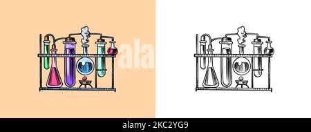 Flasks for chemical experiments. Laboratory still life. Glass equipment. Alchemy glassware for perfumery and cosmetics making. Education doodle icon Stock Vector