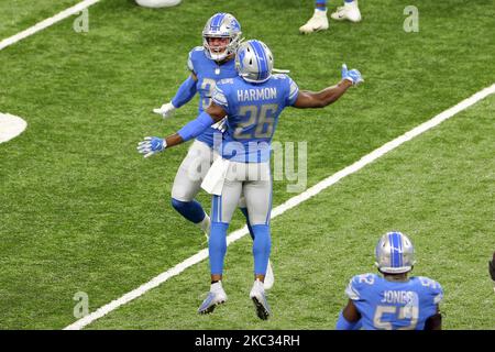 Detroit Lions safety Miles Killebrew (35) and Detroit Lions strong safety Duron Harmon (26) celebrate after a play during the first half of an NFL football game against the Indianapolis Colts in Detroit, Michigan USA, on Sunday, November 1, 2020. (Photo by Amy Lemus/NurPhoto) Stock Photo