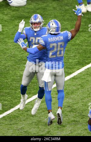 Detroit Lions safety Miles Killebrew (35) and Detroit Lions strong safety Duron Harmon (26) celebrate after a play during the first half of an NFL football game against the Indianapolis Colts in Detroit, Michigan USA, on Sunday, November 1, 2020. (Photo by Amy Lemus/NurPhoto) Stock Photo
