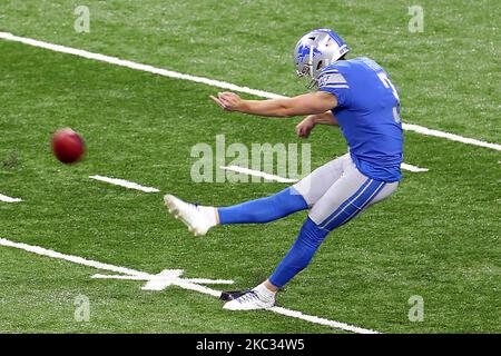 Detroit Lions punter Jack Fox (3) kicks off against the Green Bay Packers  during an NFL football game, Sunday, Jan. 9, 2022, in Detroit. (AP  Photo/Rick Osentoski Stock Photo - Alamy