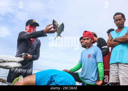 Because of the strong of Typhoon Rolly small scale fishermen in Binangonan, Rizal, Philippines are selling Bangus on November 2, 2020. The Binangonan Fish Port are destroyed caused by Typhoon Rolly. (Photo by Ryan Eduard Benaid/NurPhoto) Stock Photo