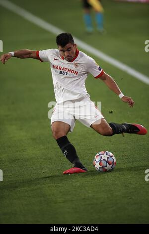Marcos Acuña of Sevilla does passed during the La Liga Santander match