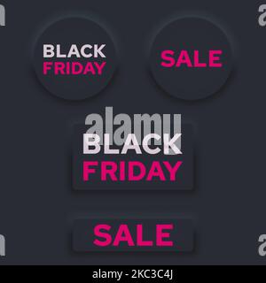Round and rectangular buttons with black Friday in neomorphism style. Stock Vector