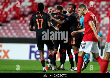 Glen Kamara of Rangers FC celebrates with teammates after scoring during the UEFA Europa League group D football match between SL Benfica and Rangers FC at the Luz stadium in Lisbon, Portugal on November 5, 2020. (Photo by Pedro FiÃºza/NurPhoto) Stock Photo