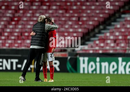 Benfica's head coach Jorge Jesus (L) hugs Rafa Silva of SL Benfica at the end of the UEFA Europa League group D football match between SL Benfica and Rangers FC at the Luz stadium in Lisbon, Portugal on November 5, 2020. (Photo by Pedro FiÃºza/NurPhoto) Stock Photo