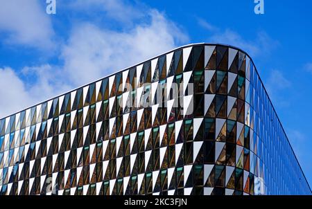 Stockholm, Sweden - October 12, 2022: modern house in black and white with triangular windows Stock Photo