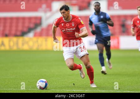 Scott McKenna of Nottingham Forest runs with the ball during the Sky Bet Championship match between Nottingham Forest and Wycombe Wanderers at the City Ground, Nottingham on Saturday 7th November 2020. (Photo by Jon Hobley/MI News/NurPhoto) Stock Photo