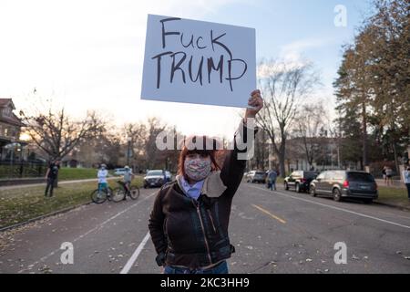 A counter protester holds up a sign near a pro-Trump rally outside of the Governor's Mansion in St. Paul, MN. November 7, 2020. Supporters of Donald Trump--including a number of outspoken conspiracy theorists--gathered outside the Governor's Mansion in St. Paul, MN to reject Joe Biden's victory in the presidential election. Attendees argued with counter protestors while repeating many of Donald Trump's falsehoods regarding the integrity of the vote. (Photo by Tim Evans/NurPhoto) Stock Photo