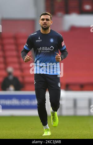 Ryan Tafazolli of Wycombe Wanderers warms up ahead of kick-off during the Sky Bet Championship match between Nottingham Forest and Wycombe Wanderers at the City Ground, Nottingham, England on 7th November 2020. (Photo by Jon Hobley/MI News/NurPhoto) Stock Photo