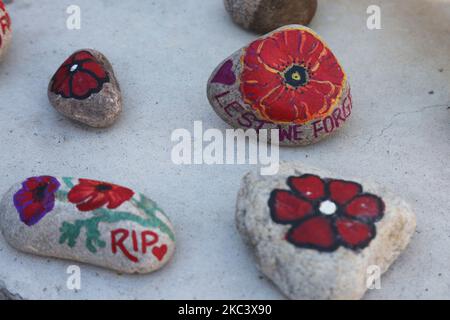 Small stones painted with poppies as Canadians commemorate members of the military who served in past and present wars during a Remembrance Day ceremony held in Richmond Hill, Ontario, Canada, on November 11, 2020. This ceremony was scaled back to only allow 25 people to attend and the parade was cancelled due to the COVID-19 pandemic. (Photo by Creative Touch Imaging Ltd./NurPhoto) Stock Photo