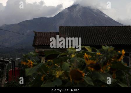 The view of mount Merapi as seen from the near-mount Merapi peak village of Stabelan, Central Java, on October 13, 2020. Hundreds of villagers who live in the near-mount Merapi peak village was evacuated to the socially-distancing shelter following the rise of the mount Merapi activity. (Photo by Aditya Irawan/NurPhoto) Stock Photo