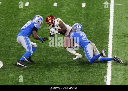 Detroit Lions defensive back D.J. Hayden is congratulated by teammates  Tavon Wilson and Jeremiah Valoaga after he recovered a Chicago Bears  quarterback Mitchell Trubisky fumble and returned it for a touchdown during