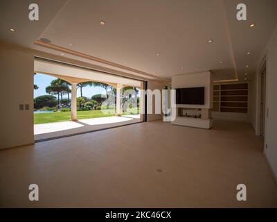 An interior of a luxurious villa with a view of a beautiful garden with pine trees and green grass Stock Photo