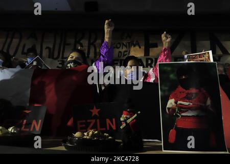 Members of the Otomí community in the occupation of the National Institute of Indigenous Peoples in Mexico City, during a speech and celebrations on the occasion of the 37th anniversary of the Zapatista Army of National Liberation (EZLN) in Mexico. The origins of the EZLN go back to the early years of the 1980s, when a small guerrilla group made up of mestizos and indigenous peoples settled in the mountainous area of the Lacandon Jungle, in Chiapas, with the intention of creating a front that would promote the struggle armed in the country. (Photo by Gerardo Vieyra/NurPhoto) Stock Photo