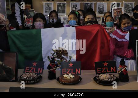 Members of the Otomí community in the occupation of the National Institute of Indigenous Peoples in Mexico City, during a speech and celebrations on the occasion of the 37th anniversary of the Zapatista Army of National Liberation (EZLN) in Mexico. The origins of the EZLN go back to the early years of the 1980s, when a small guerrilla group made up of mestizos and indigenous peoples settled in the mountainous area of the Lacandon Jungle, in Chiapas, with the intention of creating a front that would promote the struggle armed in the country. (Photo by Gerardo Vieyra/NurPhoto) Stock Photo