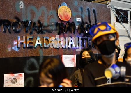 A banner of the Royal Thai Police Headquarters was spray-painted by protesters during an anti-government rally outside the Royal Thai Police Headquarters on November 18, 2020 in Bangkok, Thailand. (Photo by Vachira Vachira/NurPhoto) Stock Photo