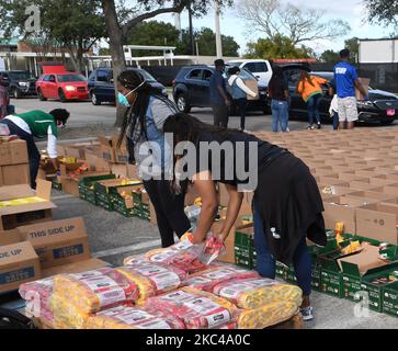 Volunteers distribute food to the needy donated by the Second Harvest Food Bank of Central Florida and the City of Orlando at Jones High School on November 20, 2020 in Orlando, Florida. With the approach of Thanksgiving, thousands of families in the Orlando area are in need of food assistance due to massive layoffs in local theme parks and the tourist industry. (Photo by Paul Hennessy/NurPhoto) Stock Photo