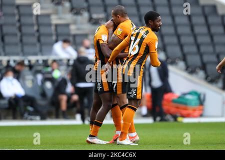 Josh Magennis celebrates after scoring for Hull City, to take the lead to make it 1 - 0 against Milton Keynes Dons, during the Sky Bet League One match between MK Dons and Hull City at Stadium MK, Milton Keynes on Saturday 21st November 2020. (Photo by John Cripps/MI News/NurPhoto) Stock Photo