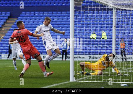 Tranmeres Peter Clarke heads home the second goal during the Sky Bet League 2 match between Tranmere Rovers and Grimsby Town at Prenton Park, Birkenhead on Saturday 21st November 2020. (Photo by Chris Donnelly/MI News/NurPhoto)