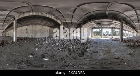 360 degree panoramic view of full seamless hdri 360 panorama in old large empty abandoned garage in equirectangular projection, ready AR VR virtual reality content,