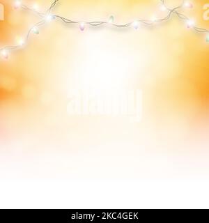 Abstract bokeh yellow and white blurred party background with a garland of multicolored lights glowing in a swirl pattern above with copy space for yo Stock Photo