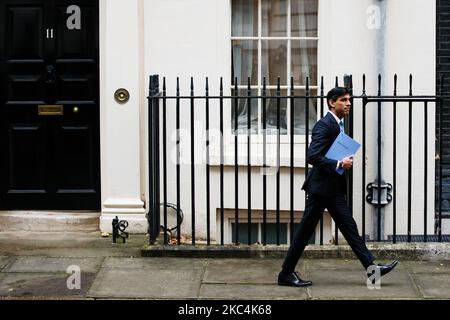 Chancellor of the Exchequer Rishi Sunak, Conservative Party MP for Richmond (Yorks), leaves 11 Downing Street to announce the Treasury's one-year spending review in the House of Commons in London, England, on November 25, 2020. The review is understood to include a 4.3 billion pound package of investment in job creation, with any decisions on tax rises and spending cuts deferred until the country is further clear of the coronavirus crisis that has consumed public finances this year. (Photo by David Cliff/NurPhoto)