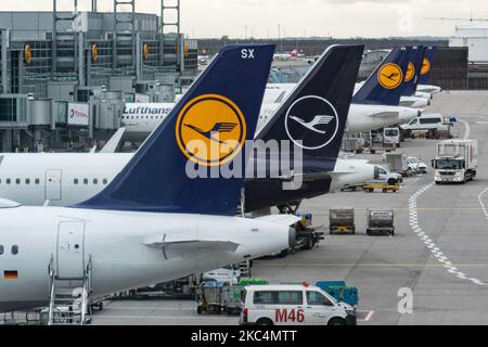 Tail lineup, row of Lufthansa aircraft with the logo visible as seen parked at the gates of Frankfurt International Airport FRA. The former german flag carrier has there the largest hub base. Deutsche Lufthansa AG is the largest German airline carrier second largest in passengers in Europe and a member of the Star Alliance aviation alliance. The brand uses the crane bird in a circle as a logo, a symbol over the years that recently rebranded from yellow to white in blue. Frankfurt airport is the busiest airport in Germany, 4th in Europe and 13th worldwide. Frankfurt, Germany on March 2020 (Phot Stock Photo