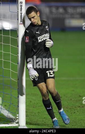 Nik Tzanev of AFC Wimbledon during the FA Cup match between Barrow and AFC Wimbledon at the Holker Street, Barrow-in-Furness on Thursday 26th November 2020. (Photo by Mark Fletcher/MI News/NurPhoto) Stock Photo