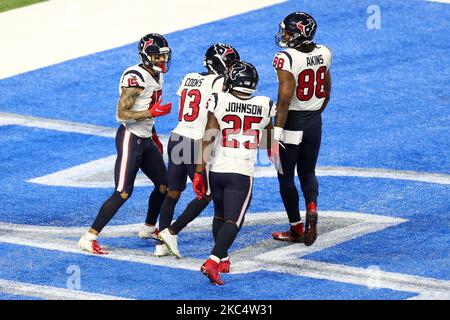 Detroit Lions wide receiver Jace Billingsley (16) is tackled by Cleveland  Browns linebacker Justin Currie (42) and DB Mike Jordan (41) during the  first half of an NFL football game against the