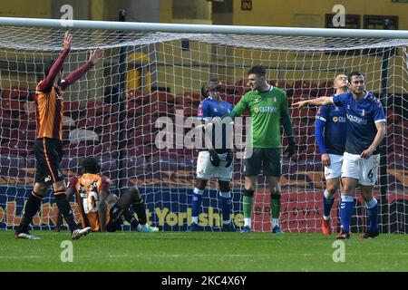 Oldham Athletic's Ian Lawlor (Goalkeeper) during the FA Cup match between Bradford City and Oldham Athletic at the Coral Windows Stadium, Bradford on Saturday 28th November 2020. (Photo by Eddie Garvey/MI News/NurPhoto) Stock Photo