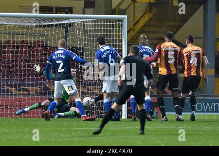 Oldham Athletic's Ian Lawlor (Goalkeeper) during the FA Cup match between Bradford City and Oldham Athletic at the Coral Windows Stadium, Bradford on Saturday 28th November 2020. (Photo by Eddie Garvey/MI News/NurPhoto) Stock Photo