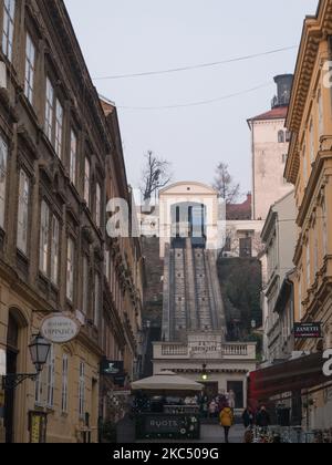 ZAGREB, CROATIA-January 4, 2020: The Zagreb Funicular in Tomic Street, connecting Ilica with Strossmayer promenade to the north. Its 66-metre track ma Stock Photo