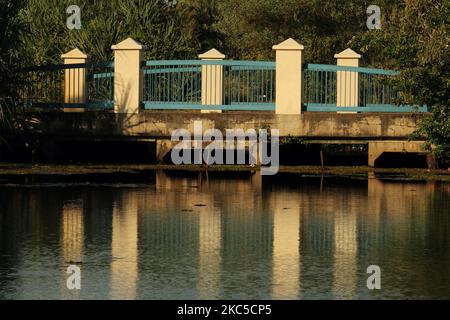 A beautiful shot of an old bridge reflecting in a pond Stock Photo