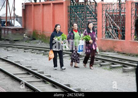 Women who live next to the rails are seen walking between them. The Darjeeling Himalayan Railway or DHR or know as Toy Train because of the narrow 2ft gauge on the slopes of the Himalayas in India. The train runs between New Jalpaiguri and Darjeeling in West Bengal, built-in 1881 and reaches an altitude of 2200m. above sea level. The locomotive uses diesel but B-Class steam locomotives are used as well and commute locals and tourists from Ghum to Darjeeling in a route with a panoramic view of the mountains, the slopes, the tea plantation and pass from the towns next to the houses and markets.  Stock Photo