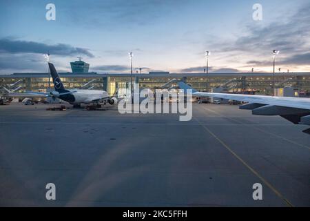 Lufthansa Airbus A350 aircraft and the Terminal of the airport as seen early morning in the dawn, sunrise and during the day parked at the gates of Munich International Airport EDDM MUC. The wide-body modern and advanced A359 or A350-900 passenger plane has the registration D-AIXO, the name Ulm and is powered by 2x RR jet engines. Deutsche Lufthansa AG DLH or LH is the largest airline in Germany with hub base in Frankfurt, Munich and Berlin airport, former German flag carrier and founding member of Star Alliance airline aviation group. The world passenger traffic declined during the coronaviru Stock Photo