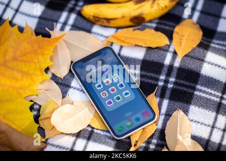 Kiev, Ukraine - November 4, 2022: Microsoft 365 apps are seen on an iPhone on yellow leaves from trees - Office, Word, Excel, PowerPoint, Outlook, One Stock Photo