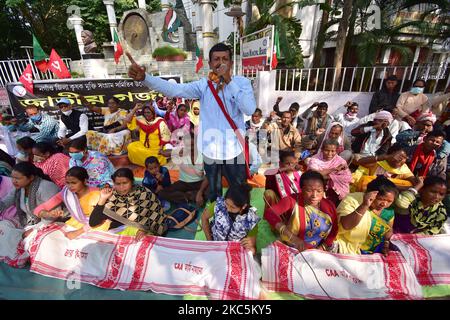 Members of Krisok mukti Sangram samiti (KMSS) take part in a protest against the Citizenship Amendment Act (CAA), in Nagaon District of Assam, India on Dec 12,2020. (Photo by Anuwar Hazarika/NurPhoto) Stock Photo